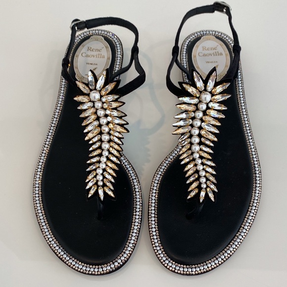 RENE CAOVILLA BLACK LEATHER SUEDE CRYSTAL PEARL SANDALS SIZE IT 38 / IT 8 - Picture 11 of 16